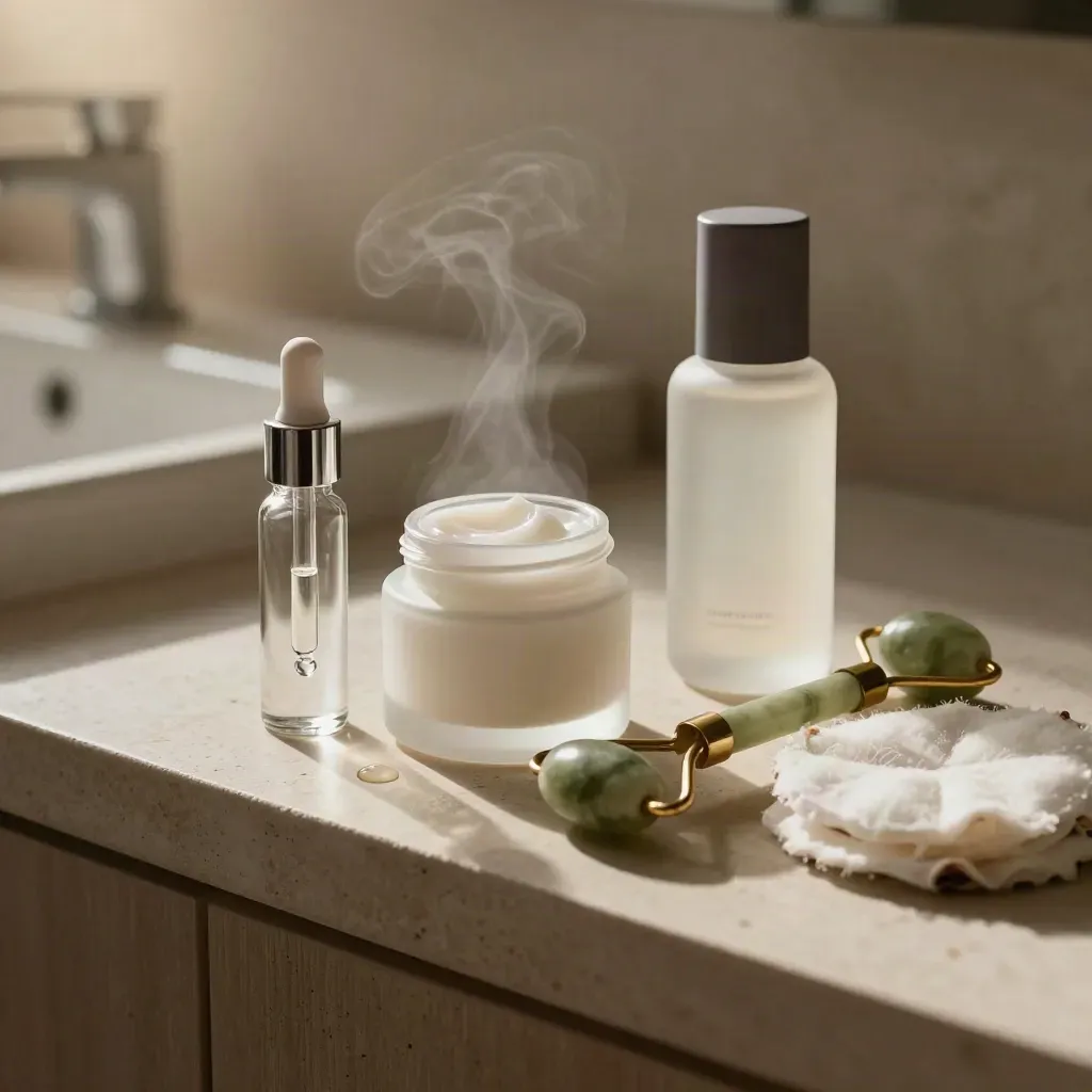 Serum dropper, cream jar, jade roller, cotton pads and SPF bottle on a plaster shelf with steam.