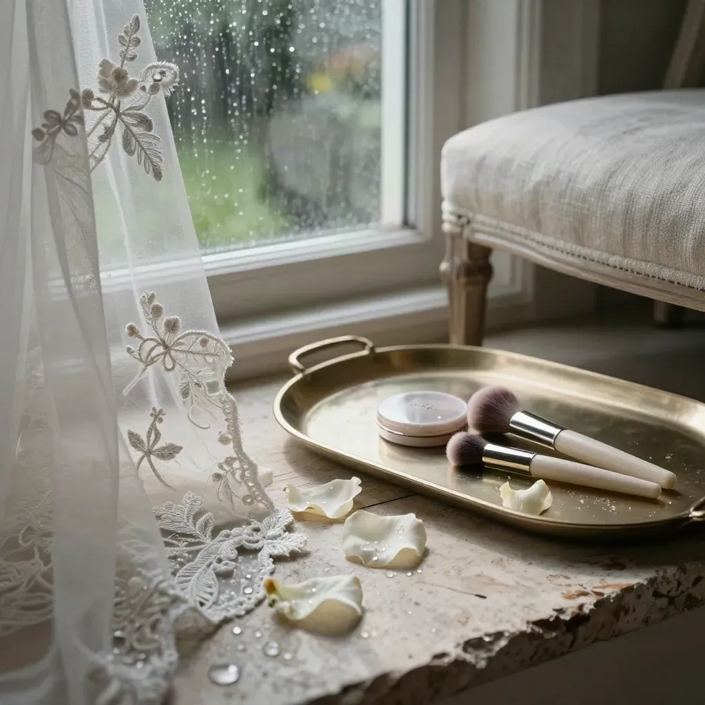 Macro of veil lace, rose petals, makeup tray and chair by a rain-damp bridal window.