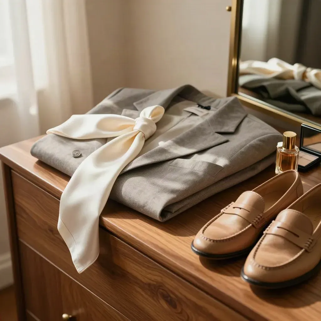 Blazer, silk scarf, loafers, scent bottle and compact mirror arranged on a dresser