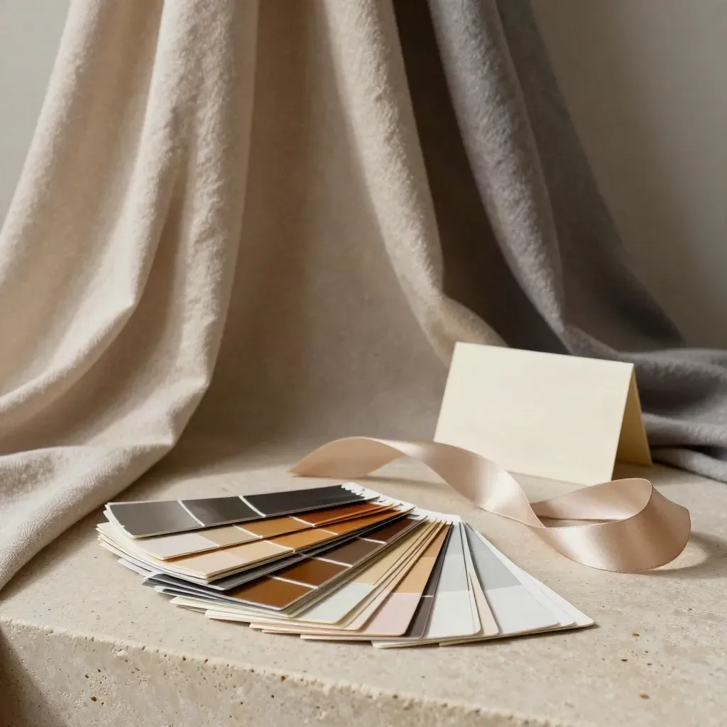 Neutral colour drapes, swatches, glass tiles and satin ribbon on pale stone.