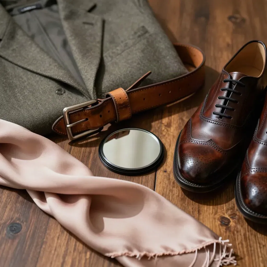 Belt, brogues, mirror, scarf and blazer collar arranged diagonally on brushed wood.