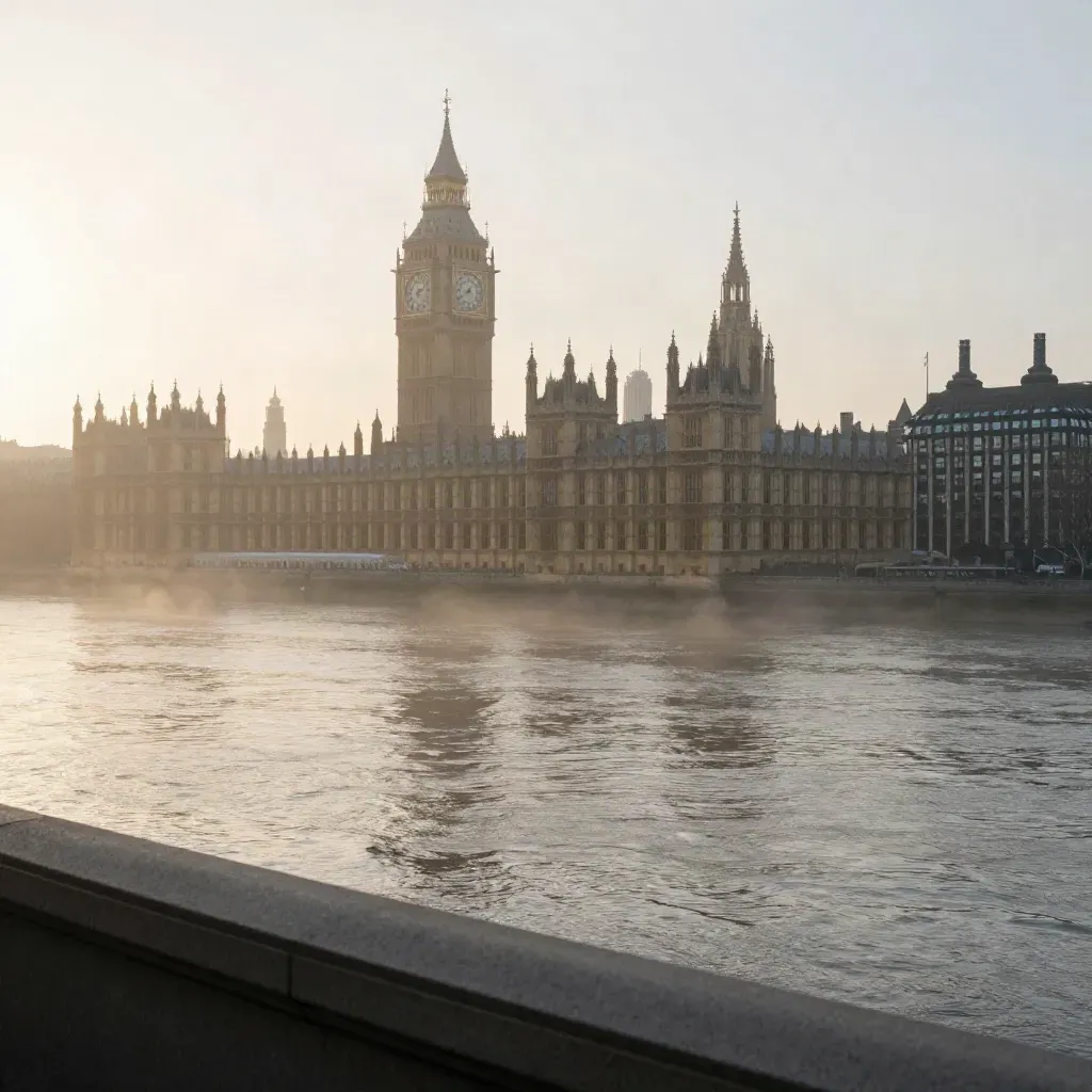 Westminster skyline over the Thames in dawn mist, with calm river space below for copy.
