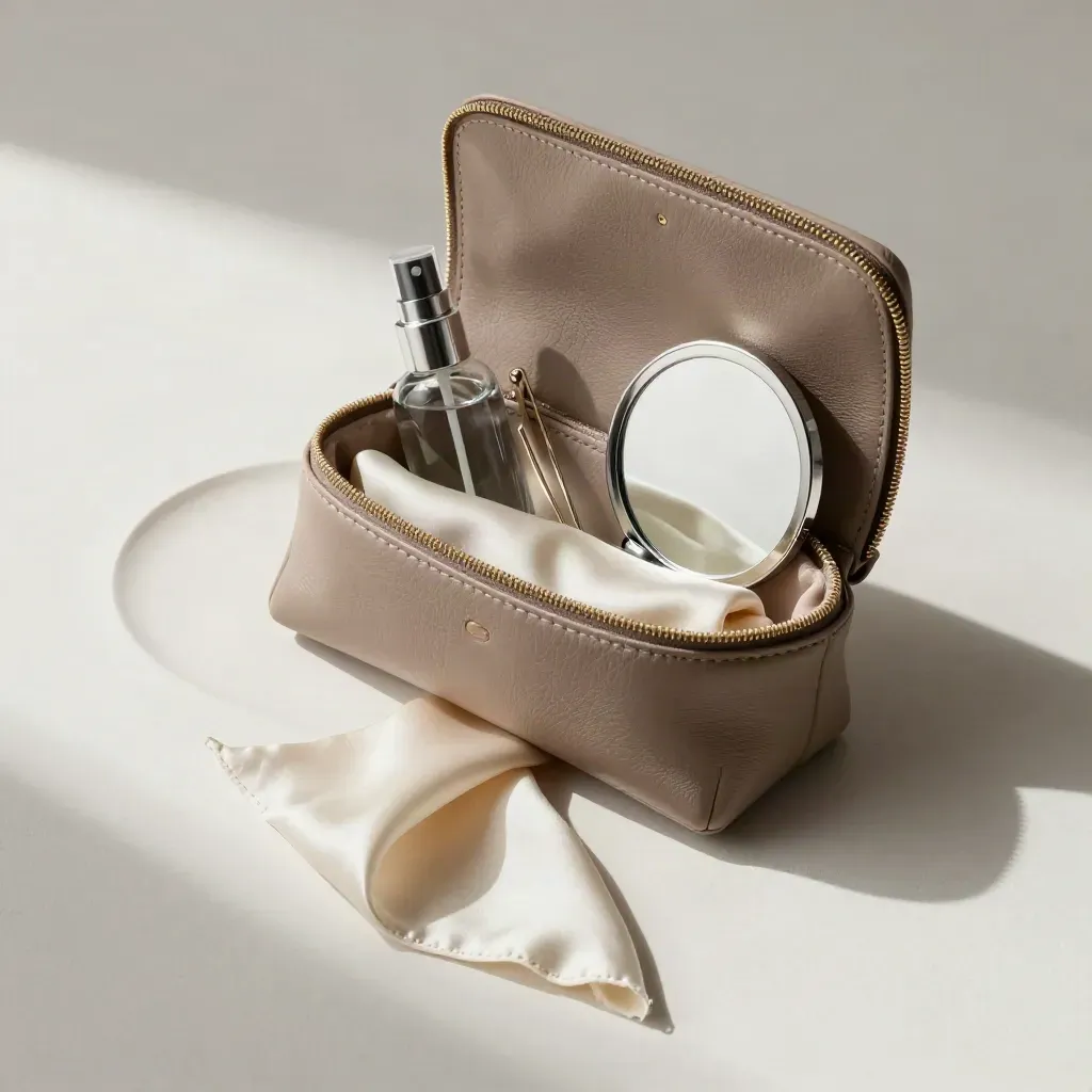 Open leather travel pouch with clutch, spray, mirror, hair pins, and silk scarf on pale plaster