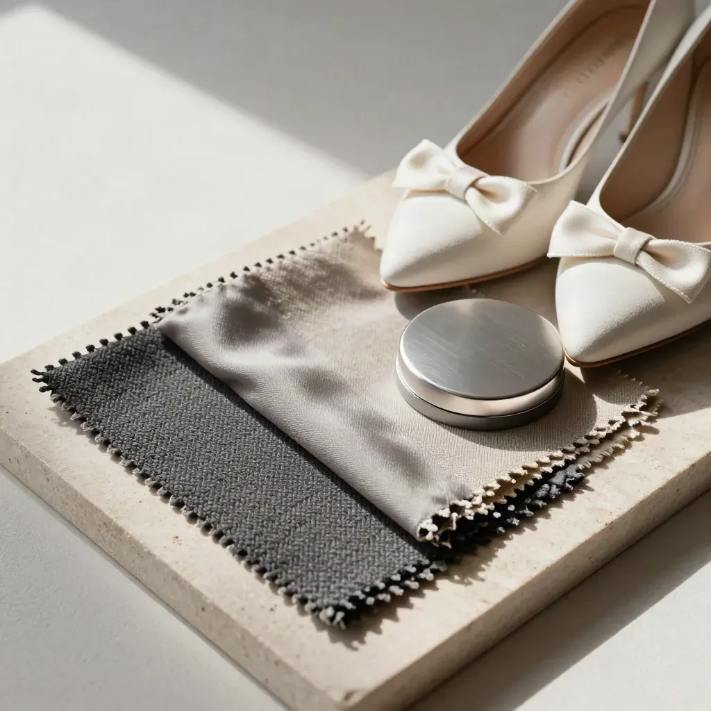 Fabric swatches, compact and cream heels arranged on a stone tray in soft daylight.