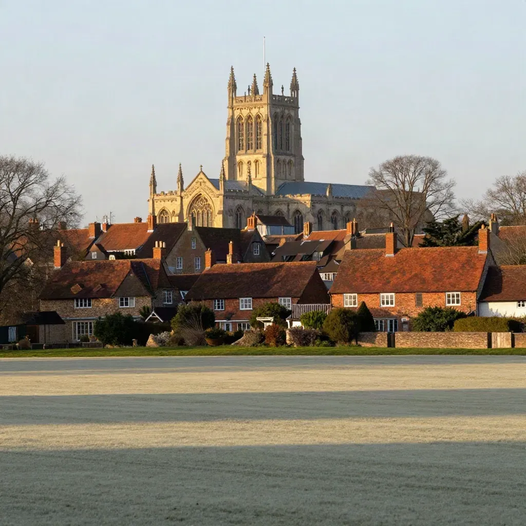 St Albans cathedral tower above rooftops and a calm stone verge in Hertfordshire