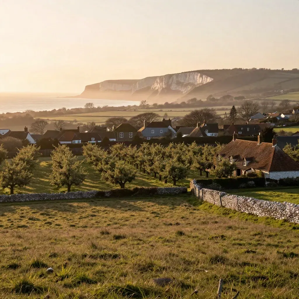 Hazy golden Kent orchard valley with oast houses and distant chalk cliffs at sunset