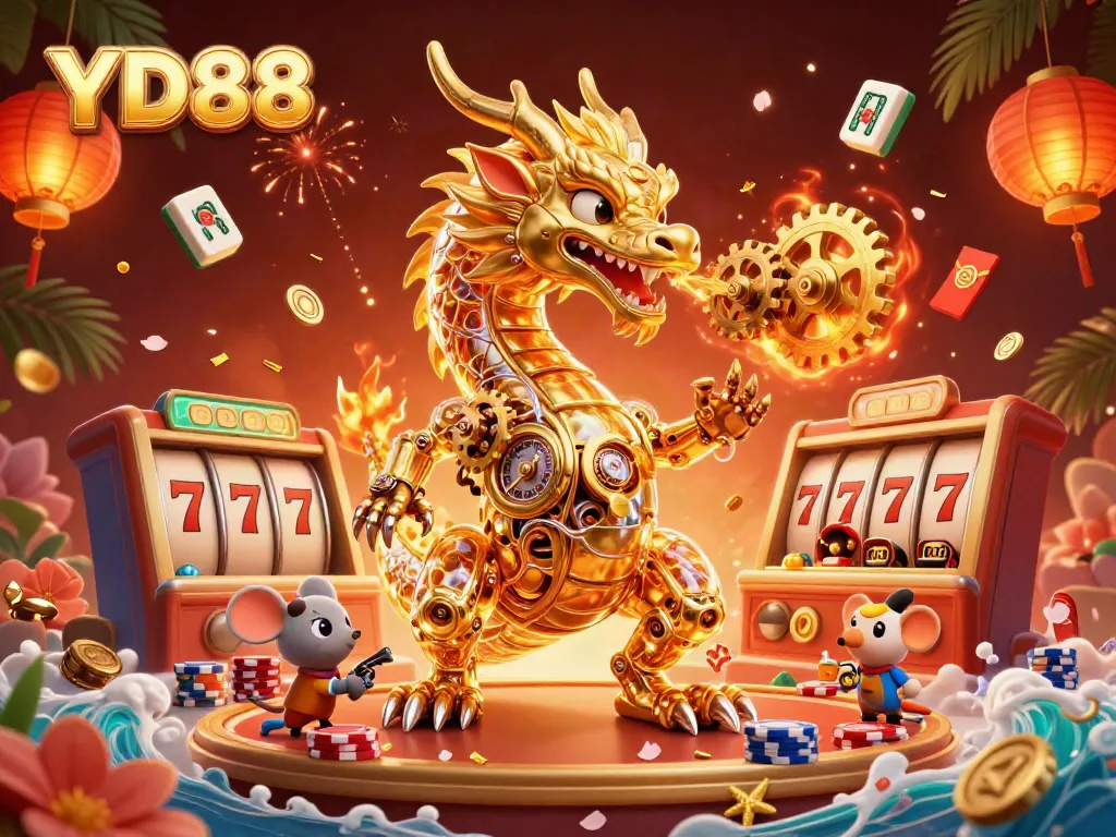 Experience the excitement of YD88 with a golden dragon and vibrant casino elements