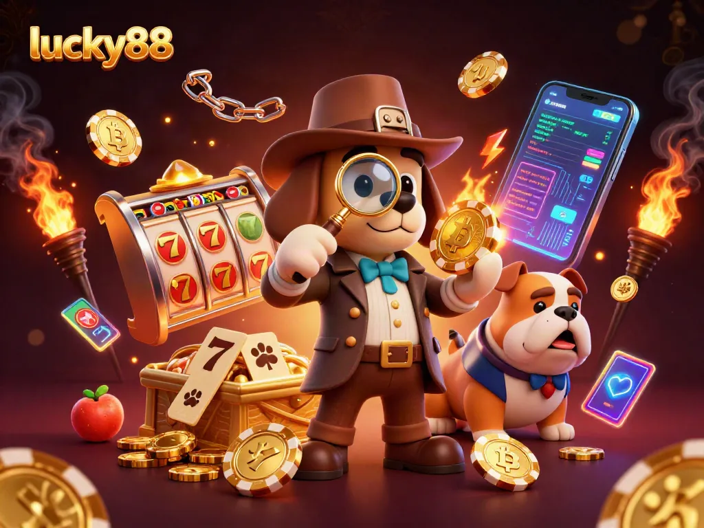 Experience lucky88’s thrilling adventure in a vibrant casino scene with golden poker chips and dynamic slot elements.