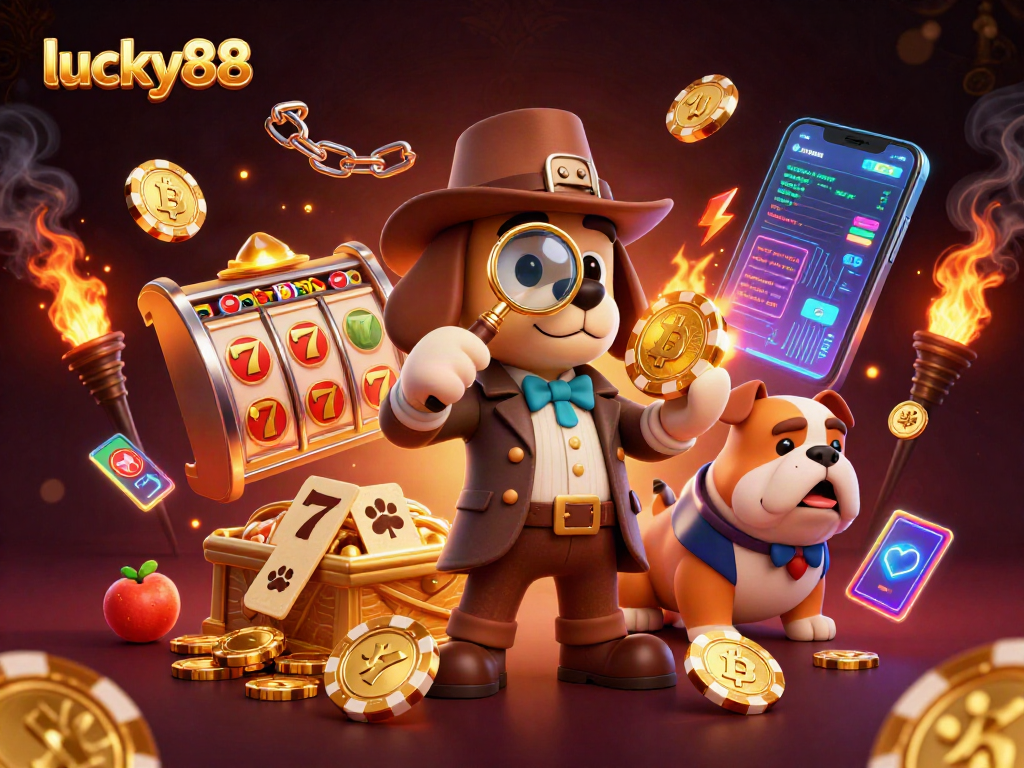 Experience lucky88’s thrilling adventure in a vibrant casino scene with golden poker chips and dynamic slot elements.