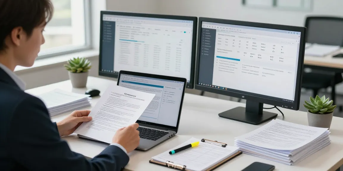 Compliance officer using advanced software for document fraud detection in a modern office environment.