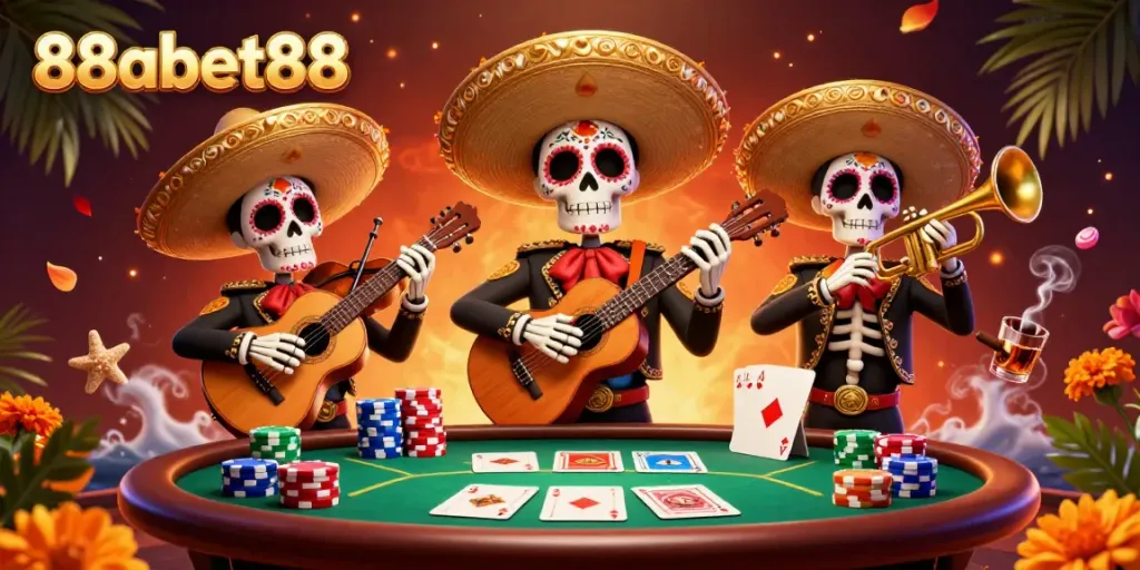 Engage with action at 88abet88 featuring a vibrant mariachi band and poker excitement.