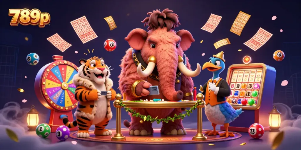 Play and win at 789p with vibrant lottery elements in a lively casino scene.
