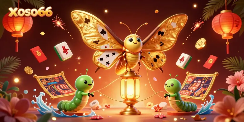 Experience the excitement of xoso66 with a vibrant 3D casino scene featuring a majestic moth and golden lanterns.