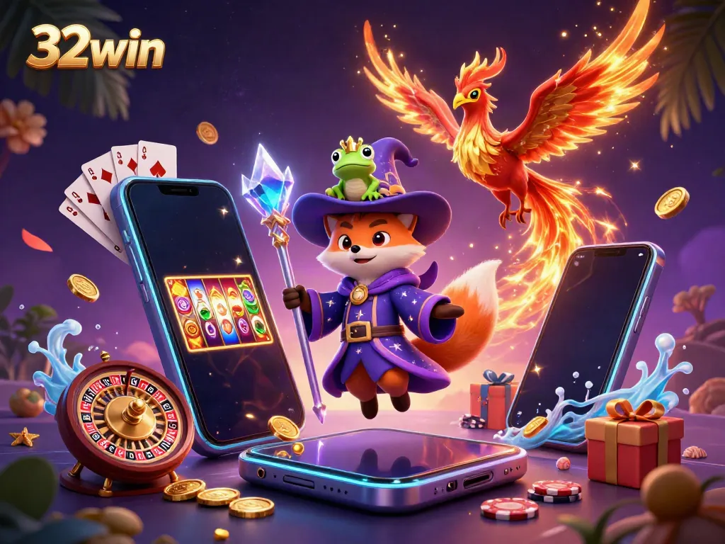 Experience the magic of 32win with fantastical characters and vibrant casino elements in an engaging scene.