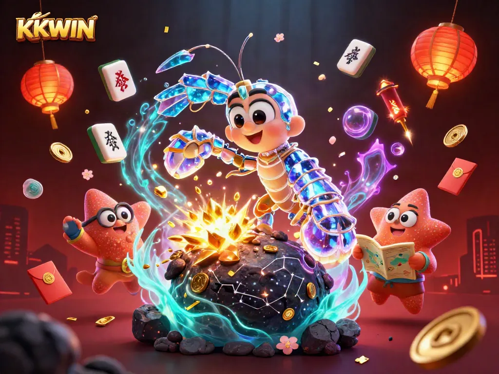 Experience the thrill of KKWIN gaming with a vibrant 3D illustration of a galactic mantis shrimp and dynamic casino elements.