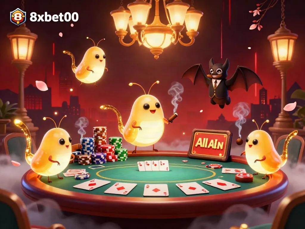 Experience the excitement of 8xbet00 as glowworms illuminate a lively casino scene with vibrant poker elements and a bat dealer.