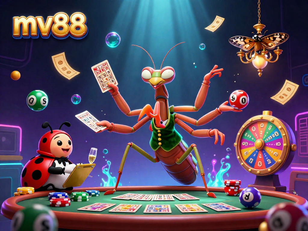 Experience excitement at mv88 with a giant praying mantis card sharp and ladybug pit boss in a vibrant casino scene.
