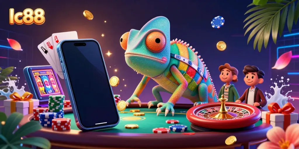 Experience exciting gaming action at lc88 with a chameleon casino owner snapping up coins amidst vibrant casino elements.
