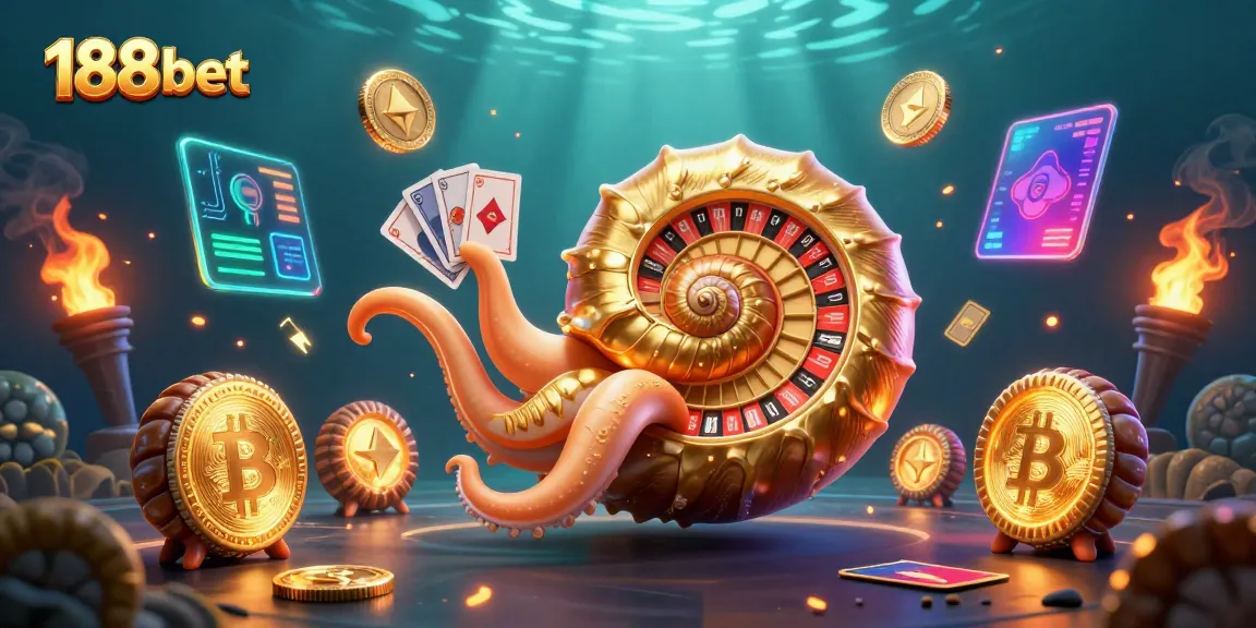 Engage with the 188 bet experience, featuring a vibrant scene with a giant 3D nautilus playing cards and sparkling cryptocurrencies.
