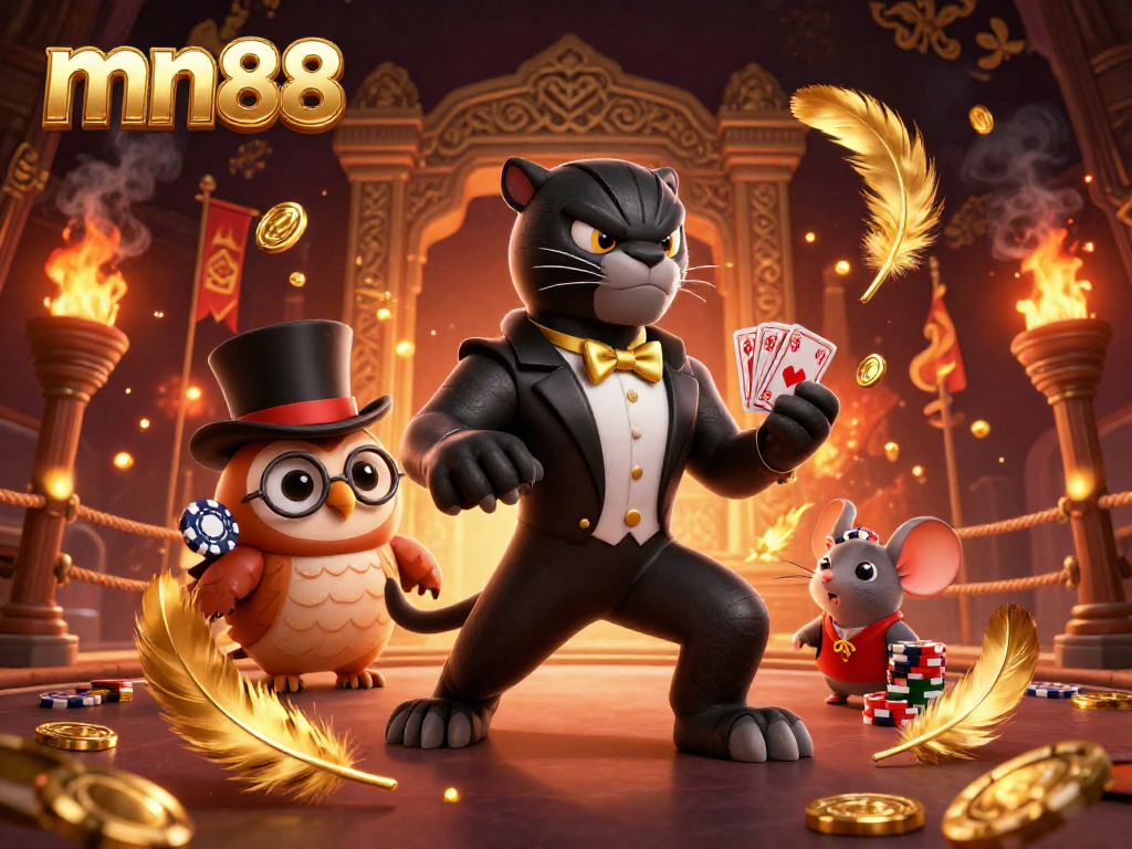 Engage in thrilling casino games at mn88 with an elegant black panther dealer and vibrant elements.