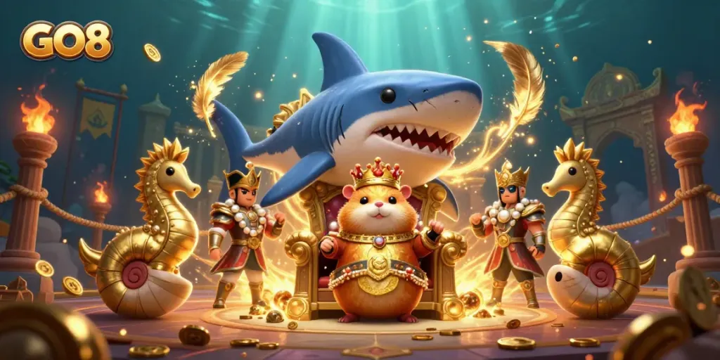Engage with GO8's wild gaming adventure featuring a golden hamster king on his throne.