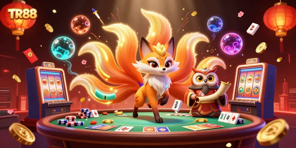 Experience the thrill of TR88 with animated poker games, colorful orbs, and glowing casino elements.