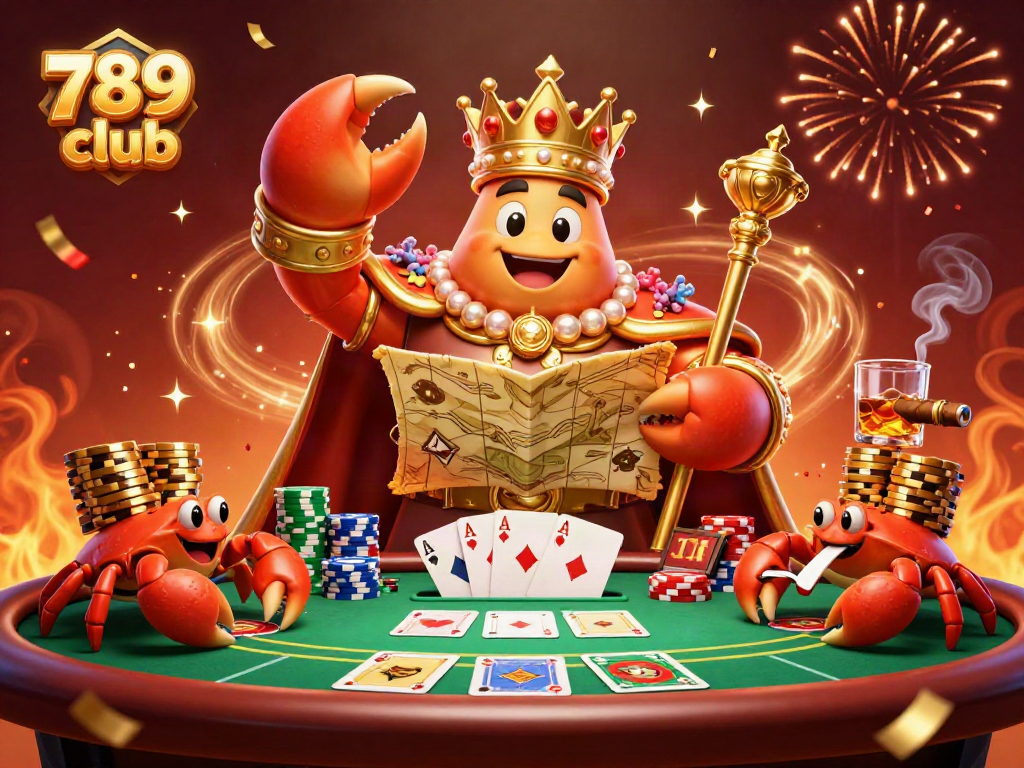 Engage with the 789 club and witness a golden crab emperor ruling the poker scene amid towering chips and festive energy.