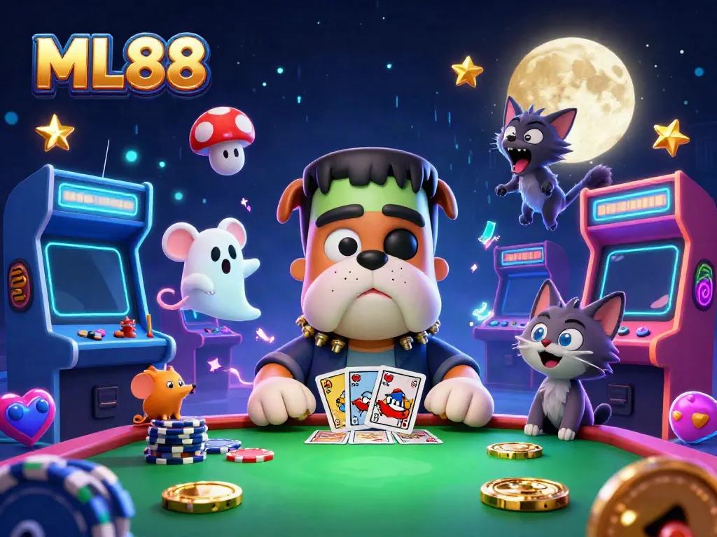Experience excitement at ML88 with a whimsical scene featuring unique casino characters and gaming elements.