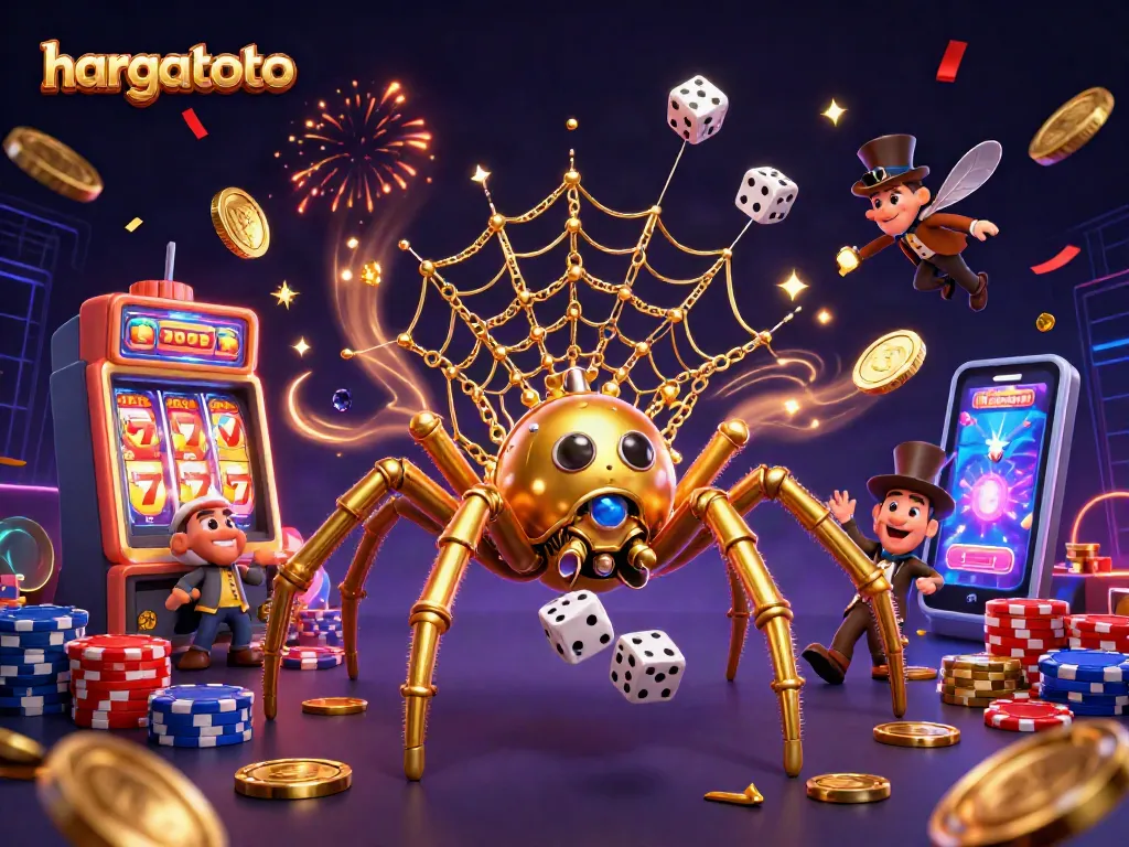 Experience thrilling gameplay with hargatoto as the steampunk spider catches dice amidst a vibrant casino scene.