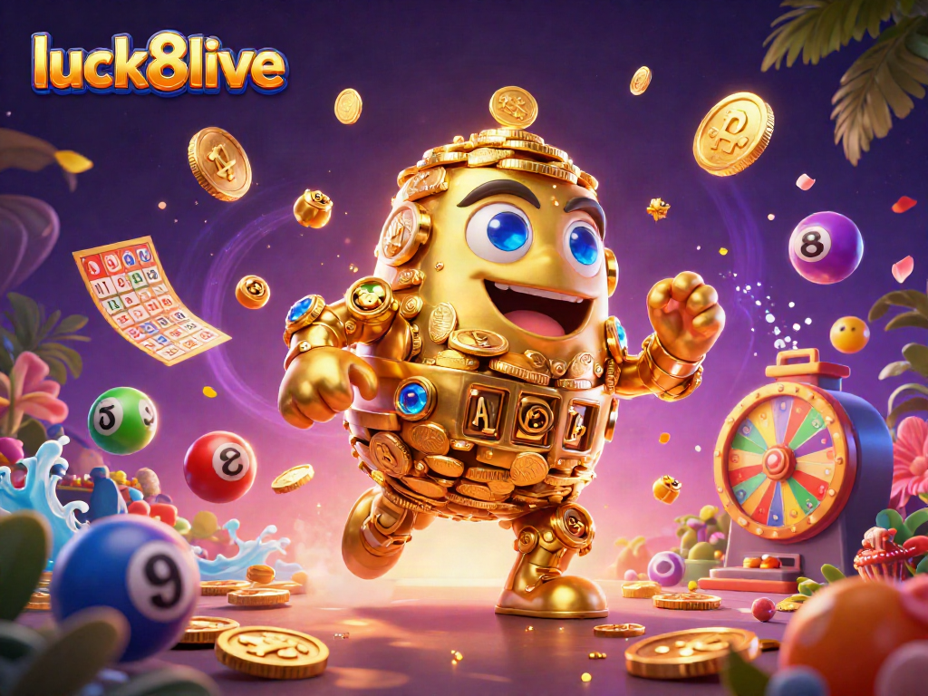 Luck8live showcases lottery excitement with bouncing balls and vibrant elements in a dynamic scene.