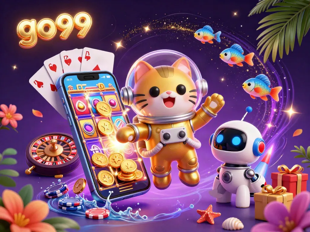 Claim incredible wins with go99 in this vibrant 3D casino illustration filled with exciting gaming elements.