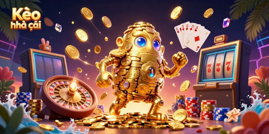 Experience Kèo nhà cái with a vibrant 3D scene of a golden golem amidst dynamic casino elements.