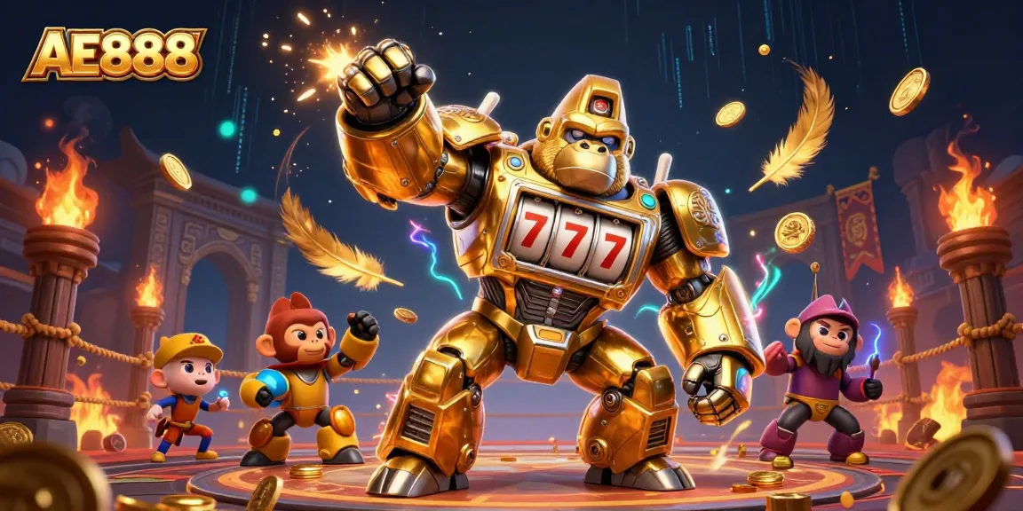 Experience thrilling gaming excitement with the AE888 golden gorilla mech at a vibrant casino.