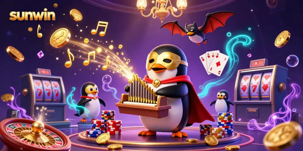 Experience the excitement of sunwin with a cartoon penguin and golden casino elements in this vibrant illustration.