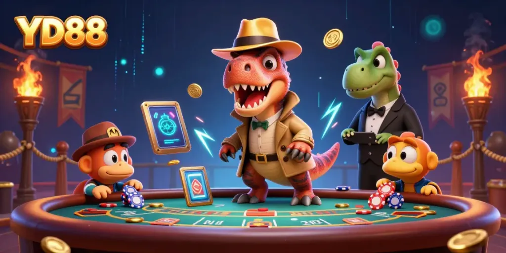 YD88's vibrant cartoon scene with a velociraptor card counter and stegosaurus pit boss at a blackjack table.