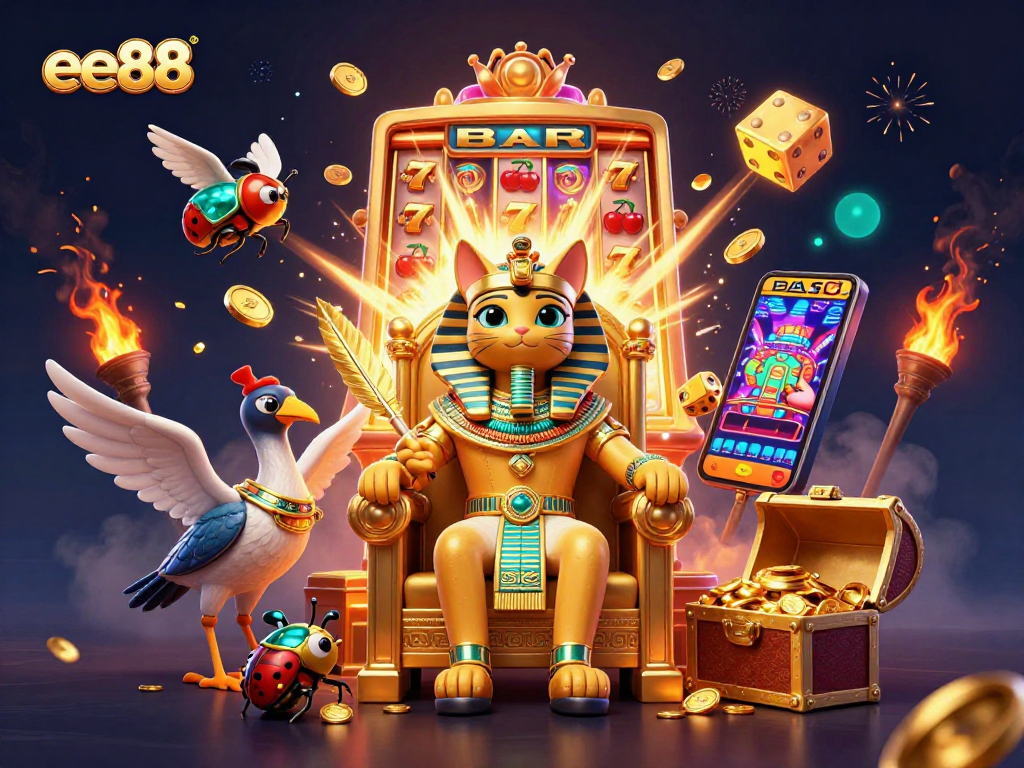 Experience the excitement of ee88 with a dynamic illustration of a cartoon Egyptian pharaoh cat amidst a jackpot explosion.