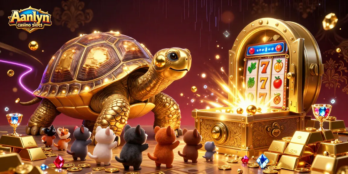 Aanlyn casino slots scene featuring a colossal golden tortoise as a pinball machine, surrounded by vibrant slot elements and treasure.