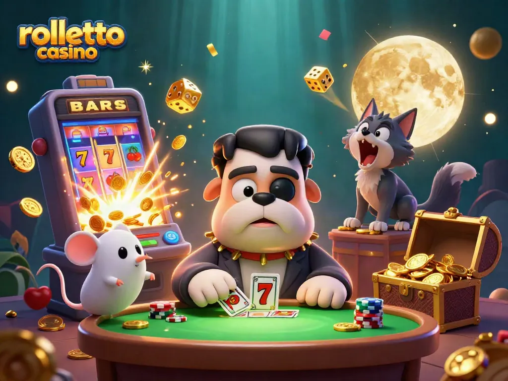 Engage in fun at Rolletto Casino with a lively 3D illustration featuring unique characters and dynamic game elements.