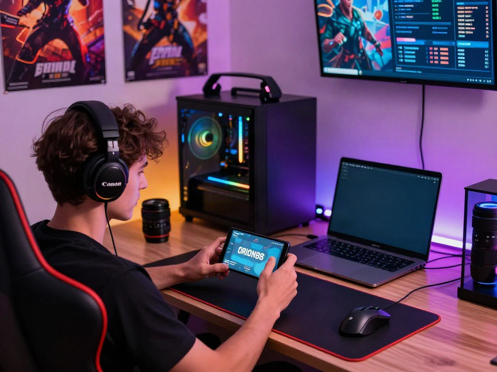 Player enjoying ORION88 mobile gaming experience in a vibrant setup