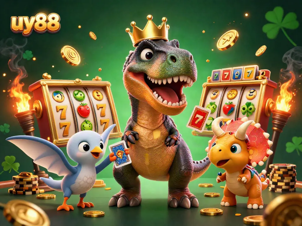 Engage with uy88 slots featuring a T-Rex shuffling cards and vibrant casino elements.