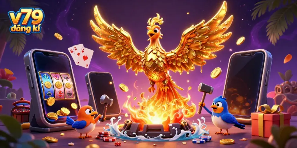 Engage in v79 đăng ký action with a phoenix of gold, slots, and vibrant casino elements.
