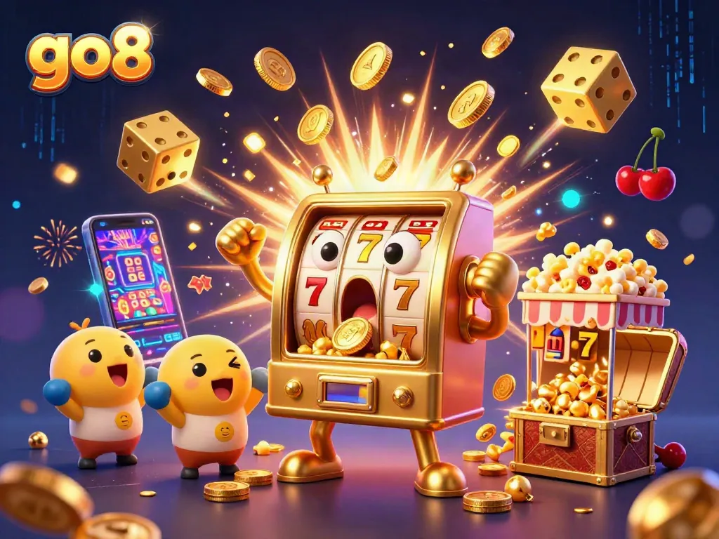 Win big at go8 with a dynamic scene of a joyful slot machine surrounded by coins and excitement.