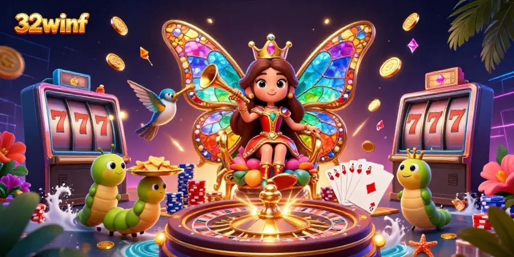 Experience thrilling betting action at 32winf with vibrant graphics of a butterfly queen, chips, and casino elements.