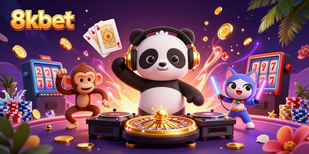 Experience thrilling gambling with 8xbet's vibrant cartoon scene of DJ panda, dancing monkey, and glow-stick kitten.