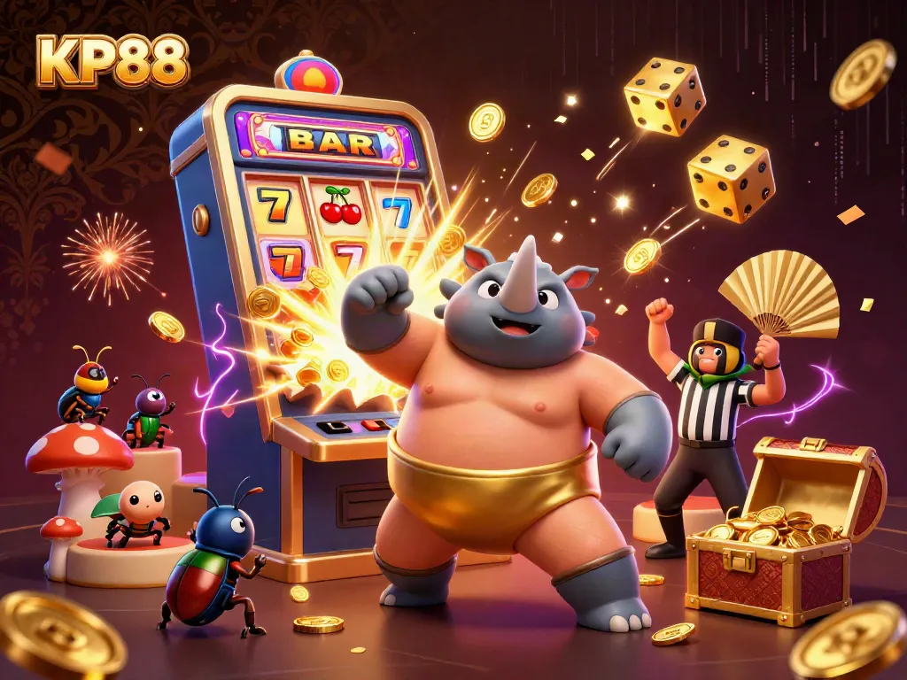 Experience thrilling KP88 casino action with a rhinoceros beetle sumo champion amidst flying gold coins and vibrant slot machine excitement.