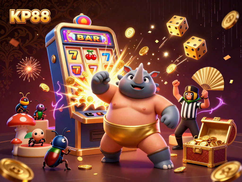 Experience thrilling KP88 casino action with a rhinoceros beetle sumo champion amidst flying gold coins and vibrant slot machine excitement.