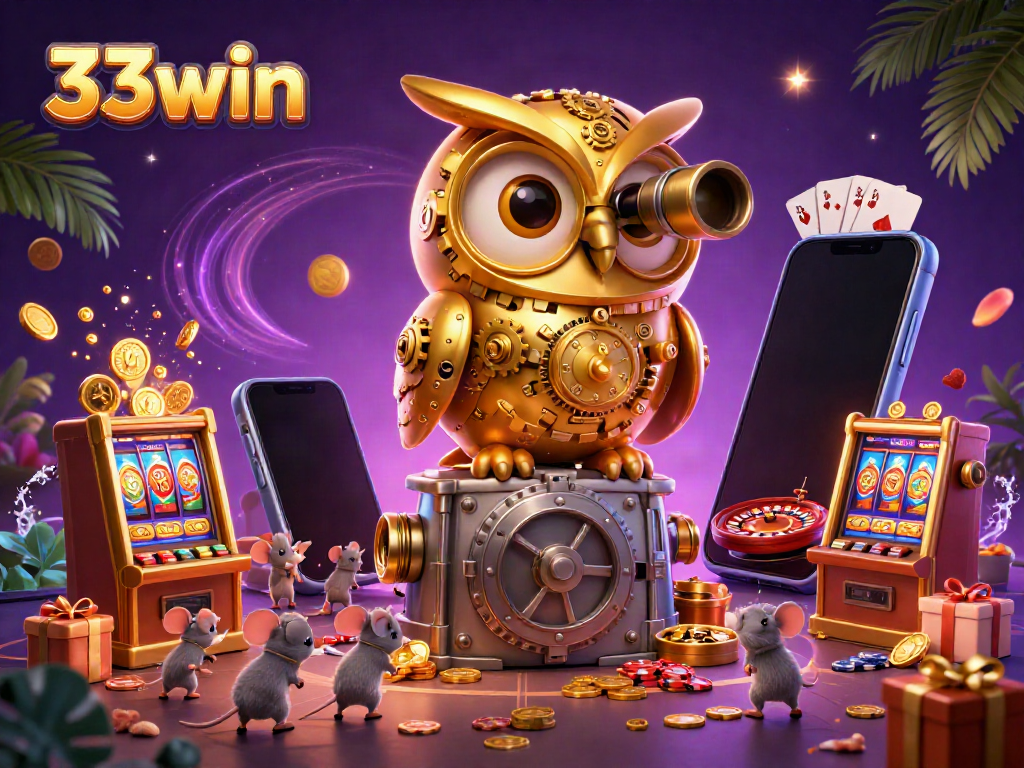 Experience the thrill at 33win with golden owl and lively mouse patrons in a magical casino scene.