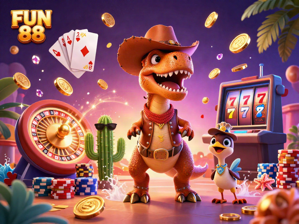 Engage with FUN 88's vibrant casino world featuring T-Rex cowboy, golden coins, and spinning roulette.