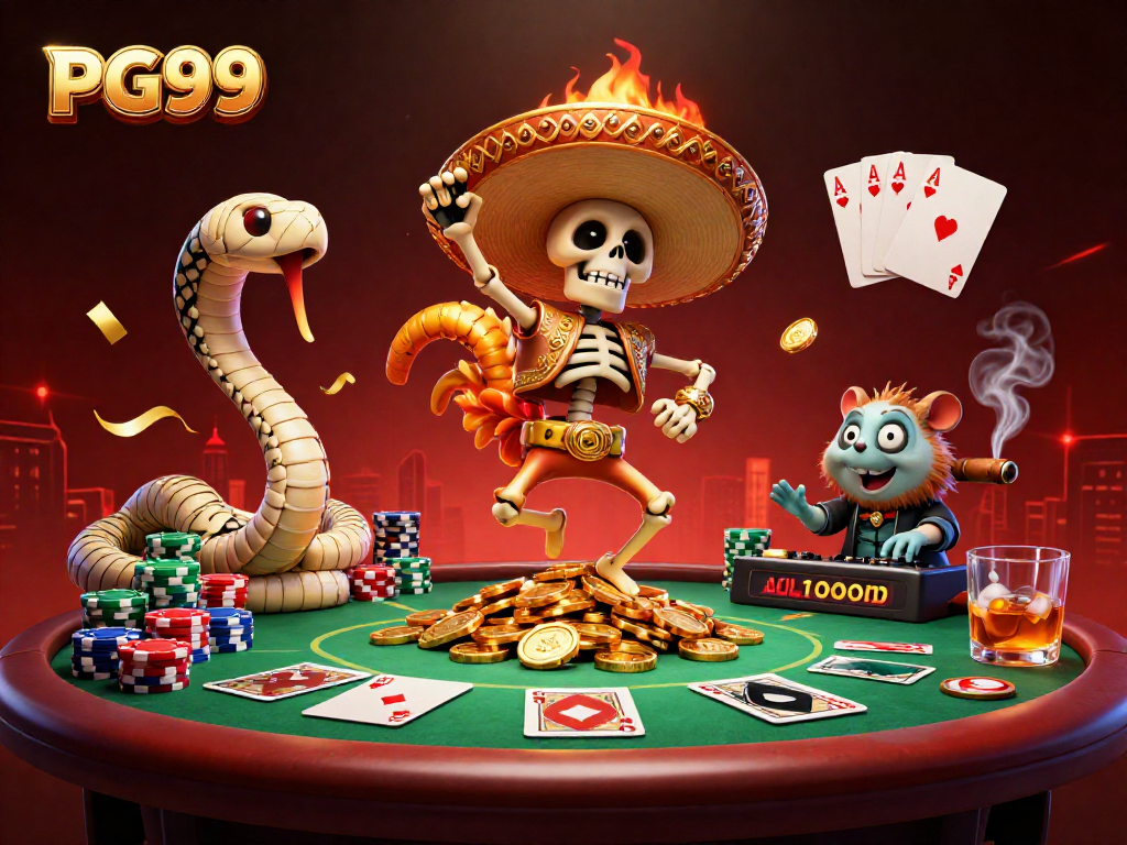 PG99 shows a dynamic victory dance with colorful poker elements in a vibrant casino scene.