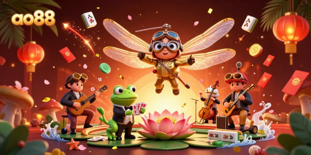 Enjoy the excitement of ao88 with 3D characters in a vibrant casino scene featuring cards and jazz musicians.
